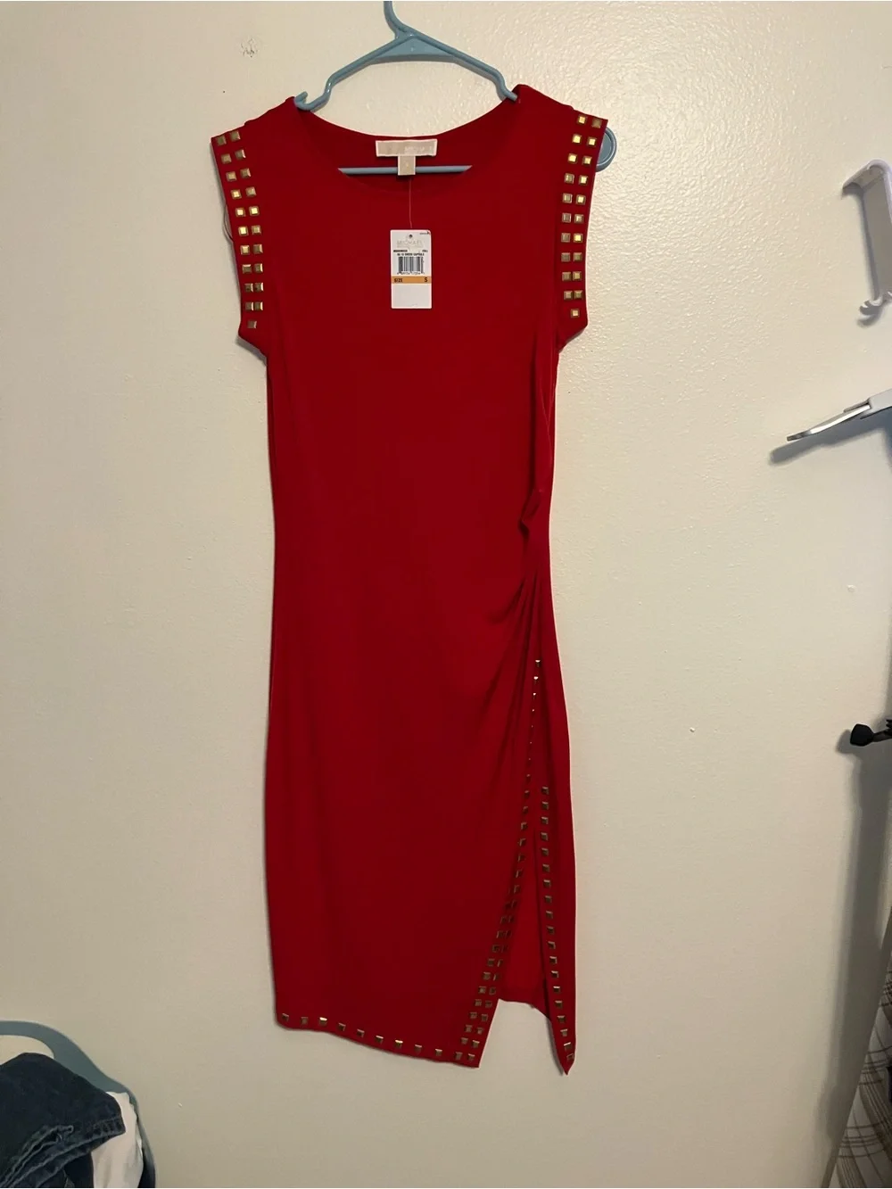 Michael Kors Red Sleeveless Sheath Dress with Gold Studs